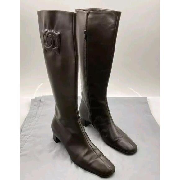 Salvatore Ferragamo Zip Up Knee High Leather Boots Italy Dark Brown Womens Sz 10 - Picture 1 of 15